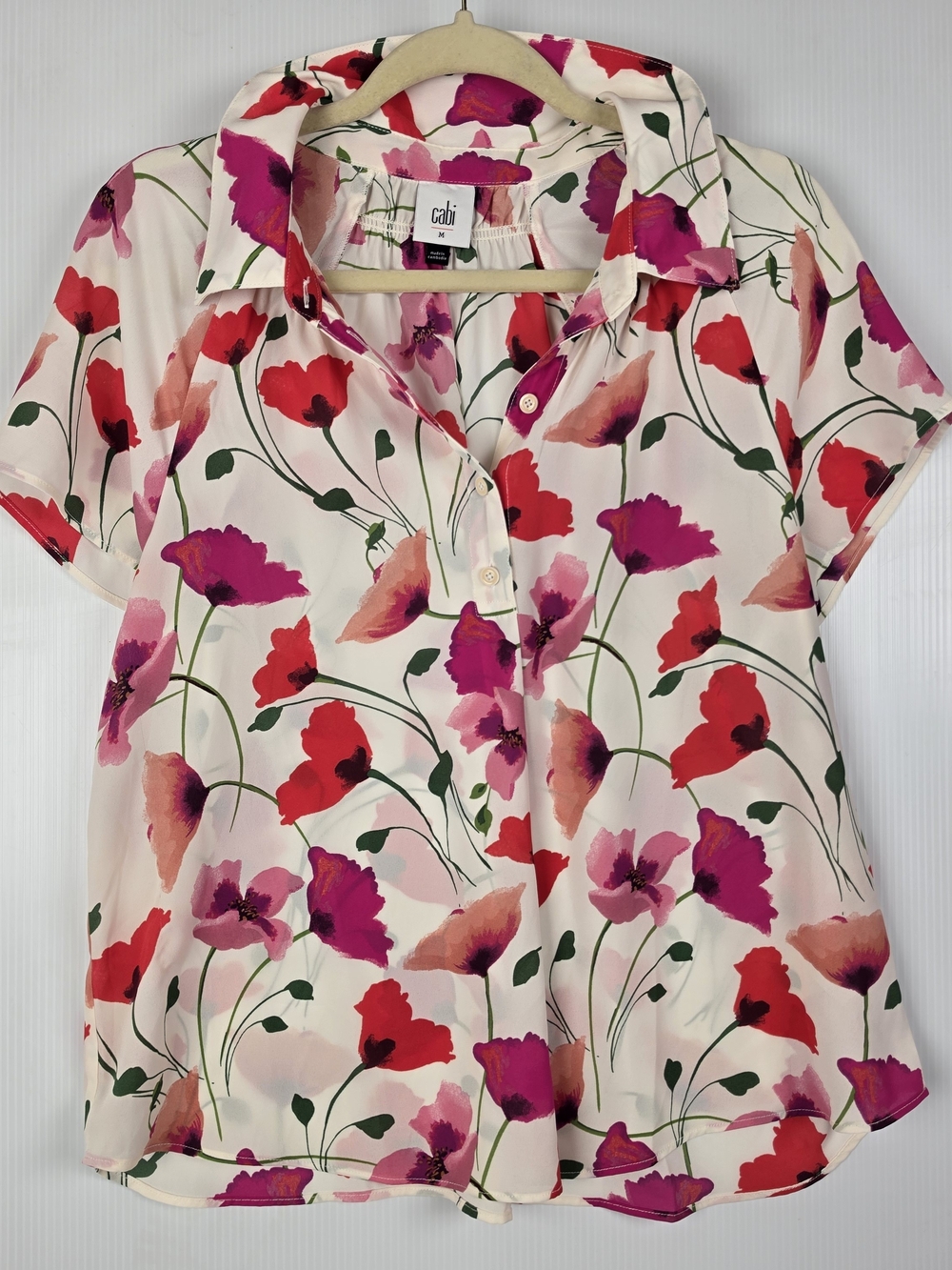 CAbi Pink and Red Floral Short-Sleeve Button-Front Shirt